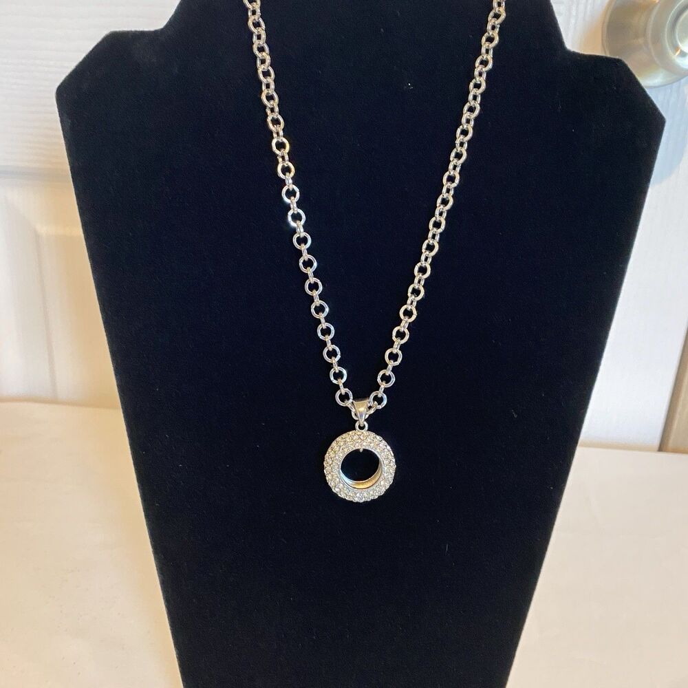 Chain Necklace Silver Color White Rhinestone Circle Pendant 16"